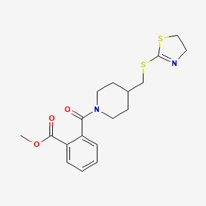 molecular formula C18H22N2O3S2 B2422476 Methyl 2-(4-(((4,5-dihydrothiazol-2-yl)thio)methyl)piperidine-1-carbonyl)benzoate CAS No. 1396631-46-1