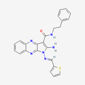 molecular formula C24H20N6OS B2422526 (E)-2-amino-N-phenethyl-1-((thiophen-2-ylmethylene)amino)-1H-pyrrolo[2,3-b]quinoxaline-3-carboxamide CAS No. 839702-44-2