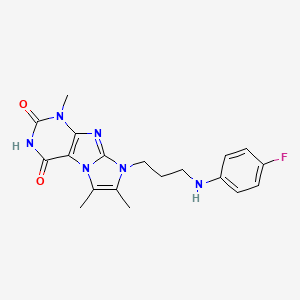 molecular formula C19H21FN6O2 B2422533 8-(3-((4-fluorophenyl)amino)propyl)-1,6,7-trimethyl-1H-imidazo[2,1-f]purine-2,4(3H,8H)-dione CAS No. 923179-04-8
