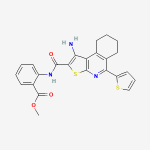 molecular formula C24H21N3O3S2 B2422552 Methyl 2-(1-amino-5-(thiophen-2-yl)-6,7,8,9-tetrahydrothieno[2,3-c]isoquinoline-2-carboxamido)benzoate CAS No. 923203-02-5