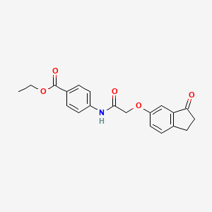 molecular formula C20H19NO5 B2422759 ethyl 4-(2-((3-oxo-2,3-dihydro-1H-inden-5-yl)oxy)acetamido)benzoate CAS No. 1203031-87-1