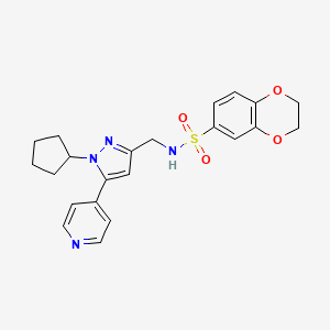 molecular formula C22H24N4O4S B2422817 N-((1-cyclopentyl-5-(pyridin-4-yl)-1H-pyrazol-3-yl)methyl)-2,3-dihydrobenzo[b][1,4]dioxine-6-sulfonamide CAS No. 1421460-00-5