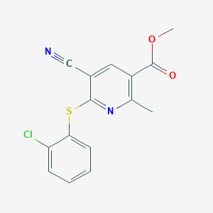 molecular formula C15H11ClN2O2S B2422907 Methyl 6-[(2-chlorophenyl)sulfanyl]-5-cyano-2-methylnicotinate CAS No. 303146-44-3