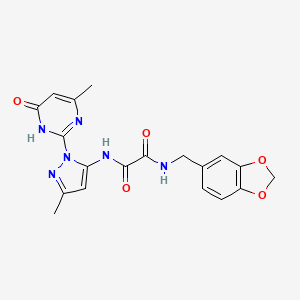 molecular formula C19H18N6O5 B2422914 N1-(benzo[d][1,3]dioxol-5-ylmethyl)-N2-(3-methyl-1-(4-methyl-6-oxo-1,6-dihydropyrimidin-2-yl)-1H-pyrazol-5-yl)oxalamide CAS No. 1013890-71-5