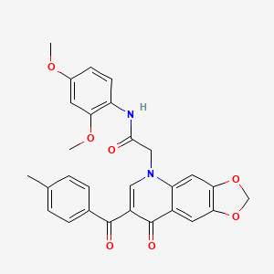 molecular formula C28H24N2O7 B2422971 N-(2,4-dimethoxyphenyl)-2-[7-(4-methylbenzoyl)-8-oxo-2H,5H,8H-[1,3]dioxolo[4,5-g]quinolin-5-yl]acetamide CAS No. 902515-24-6