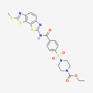 molecular formula C23H23N5O5S4 B2422980 ethyl 4-(4-{[11-(methylsulfanyl)-3,12-dithia-5,10-diazatricyclo[7.3.0.0^{2,6}]dodeca-1(9),2(6),4,7,10-pentaen-4-yl]carbamoyl}benzenesulfonyl)piperazine-1-carboxylate CAS No. 361174-56-3