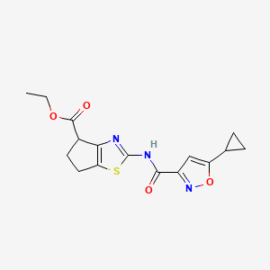 molecular formula C16H17N3O4S B2423009 ethyl 2-(5-cyclopropylisoxazole-3-carboxamido)-5,6-dihydro-4H-cyclopenta[d]thiazole-4-carboxylate CAS No. 1207017-60-4