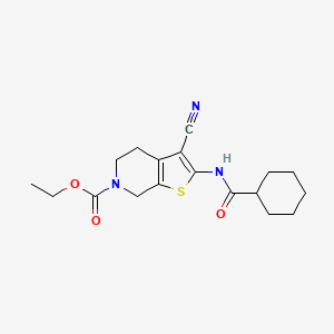 molecular formula C18H23N3O3S B2423030 ethyl 3-cyano-2-(cyclohexanecarboxamido)-4,5-dihydrothieno[2,3-c]pyridine-6(7H)-carboxylate CAS No. 864927-01-5