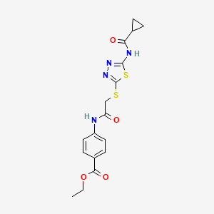 molecular formula C17H18N4O4S2 B2423113 ethyl 4-{2-[(5-cyclopropaneamido-1,3,4-thiadiazol-2-yl)sulfanyl]acetamido}benzoate CAS No. 389072-38-2