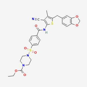 molecular formula C28H28N4O7S2 B2423202 ethyl 4-[4-({5-[(2H-1,3-benzodioxol-5-yl)methyl]-3-cyano-4-methylthiophen-2-yl}carbamoyl)benzenesulfonyl]piperazine-1-carboxylate CAS No. 476367-33-6