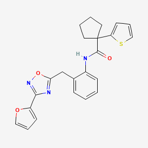molecular formula C23H21N3O3S B2423766 N-(2-((3-(furan-2-yl)-1,2,4-oxadiazol-5-yl)methyl)phenyl)-1-(thiophen-2-yl)cyclopentanecarboxamide CAS No. 1797544-98-9