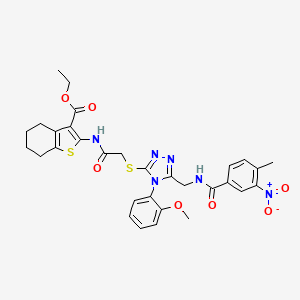 molecular formula C31H32N6O7S2 B2423831 ethyl 2-(2-((4-(2-methoxyphenyl)-5-((4-methyl-3-nitrobenzamido)methyl)-4H-1,2,4-triazol-3-yl)thio)acetamido)-4,5,6,7-tetrahydrobenzo[b]thiophene-3-carboxylate CAS No. 393849-96-2