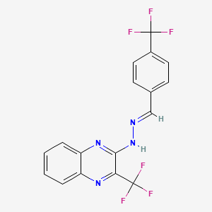 molecular formula C17H10F6N4 B2423973 2-(trifluoromethyl)-3-[(E)-2-{[4-(trifluoromethyl)phenyl]methylidene}hydrazin-1-yl]quinoxaline CAS No. 338962-25-7