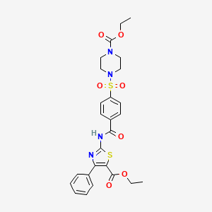 molecular formula C26H28N4O7S2 B2424105 Ethyl 2-(4-((4-(ethoxycarbonyl)piperazin-1-yl)sulfonyl)benzamido)-4-phenylthiazole-5-carboxylate CAS No. 361174-42-7