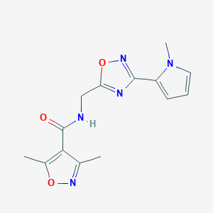molecular formula C14H15N5O3 B2424225 3,5-dimethyl-N-((3-(1-methyl-1H-pyrrol-2-yl)-1,2,4-oxadiazol-5-yl)methyl)isoxazole-4-carboxamide CAS No. 2034440-46-3