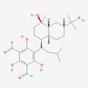 molecular formula C28H42O7 B242441 2,4,6-trihydroxy-5-[1-[4-hydroxy-6-(2-hydroxypropan-2-yl)-4,8a-dimethyl-1,2,3,4a,5,6,7,8-octahydronaphthalen-1-yl]-3-methylbutyl]benzene-1,3-dicarbaldehyde CAS No. 179388-54-6