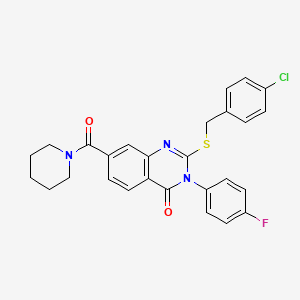 molecular formula C27H23ClFN3O2S B2424447 2-[(4-chlorobenzyl)thio]-3-(4-fluorophenyl)-7-(piperidin-1-ylcarbonyl)quinazolin-4(3H)-one CAS No. 1115452-81-7
