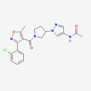 molecular formula C20H20ClN5O3 B2424474 N-(1-{1-[3-(2-chlorophenyl)-5-methyl-1,2-oxazole-4-carbonyl]pyrrolidin-3-yl}-1H-pyrazol-4-yl)acetamide CAS No. 2415453-14-2