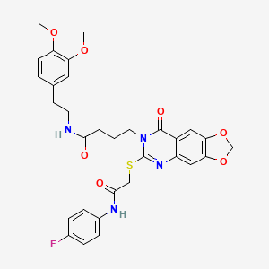 molecular formula C31H31FN4O7S B2424567 N-[2-(3,4-dimethoxyphenyl)ethyl]-4-[6-({[(4-fluorophenyl)carbamoyl]methyl}sulfanyl)-8-oxo-2H,7H,8H-[1,3]dioxolo[4,5-g]quinazolin-7-yl]butanamide CAS No. 688060-76-6