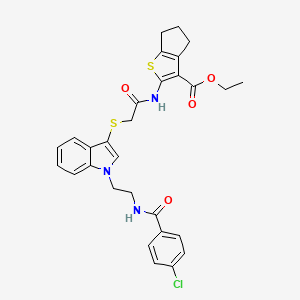 molecular formula C29H28ClN3O4S2 B2424770 ethyl 2-{2-[(1-{2-[(4-chlorophenyl)formamido]ethyl}-1H-indol-3-yl)sulfanyl]acetamido}-4H,5H,6H-cyclopenta[b]thiophene-3-carboxylate CAS No. 532972-64-8