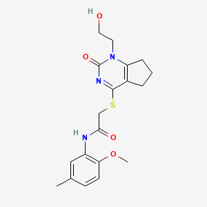 molecular formula C19H23N3O4S B2424906 2-((1-(2-hydroxyethyl)-2-oxo-2,5,6,7-tetrahydro-1H-cyclopenta[d]pyrimidin-4-yl)thio)-N-(2-methoxy-5-methylphenyl)acetamide CAS No. 920394-79-2