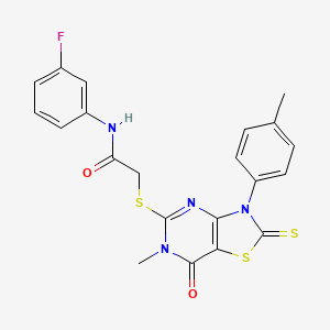molecular formula C21H17FN4O2S3 B2424953 N-(3-fluorophenyl)-2-{[6-methyl-3-(4-methylphenyl)-7-oxo-2-sulfanylidene-2H,3H,6H,7H-[1,3]thiazolo[4,5-d]pyrimidin-5-yl]sulfanyl}acetamide CAS No. 933207-92-2