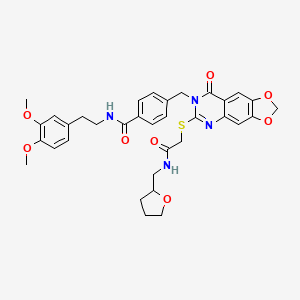 molecular formula C34H36N4O8S B2425020 N-[2-(3,4-dimethoxyphenyl)ethyl]-4-({8-oxo-6-[({[(oxolan-2-yl)methyl]carbamoyl}methyl)sulfanyl]-2H,7H,8H-[1,3]dioxolo[4,5-g]quinazolin-7-yl}methyl)benzamide CAS No. 688062-38-6