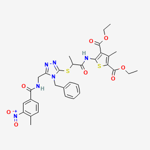 molecular formula C32H34N6O8S2 B2425090 2,4-diethyl 5-{2-[(4-benzyl-5-{[(4-methyl-3-nitrophenyl)formamido]methyl}-4H-1,2,4-triazol-3-yl)sulfanyl]propanamido}-3-methylthiophene-2,4-dicarboxylate CAS No. 393815-19-5