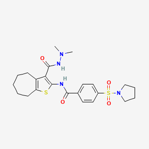 molecular formula C23H30N4O4S2 B2425175 N-(3-(2,2-dimethylhydrazinecarbonyl)-5,6,7,8-tetrahydro-4H-cyclohepta[b]thiophen-2-yl)-4-(pyrrolidin-1-ylsulfonyl)benzamide CAS No. 893104-67-1