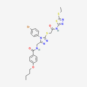 molecular formula C26H28BrN7O3S3 B2425214 N-{[4-(4-bromophenyl)-5-[({[5-(ethylsulfanyl)-1,3,4-thiadiazol-2-yl]carbamoyl}methyl)sulfanyl]-4H-1,2,4-triazol-3-yl]methyl}-4-butoxybenzamide CAS No. 393874-78-7