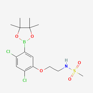 molecular formula C15H22BCl2NO5S B2425363 2,4-Dichloro-5-(2-(methanesulfonylamino)ethoxy)phenylboronic acid, pinacol ester CAS No. 2096338-42-8