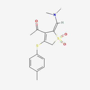 molecular formula C16H19NO3S2 B2425368 (2E)-3-acetyl-2-[(dimethylamino)methylidene]-4-[(4-methylphenyl)sulfanyl]-2,5-dihydro-1lambda6-thiophene-1,1-dione CAS No. 866142-98-5