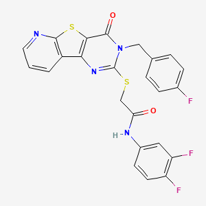 molecular formula C24H15F3N4O2S2 B2425378 N-(3,4-difluorophenyl)-2-[[5-[(4-fluorophenyl)methyl]-6-oxo-8-thia-3,5,10-triazatricyclo[7.4.0.02,7]trideca-1(9),2(7),3,10,12-pentaen-4-yl]sulfanyl]acetamide CAS No. 1189669-72-4