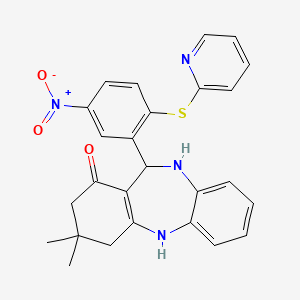 molecular formula C26H24N4O3S B2425402 9,9-dimethyl-6-(5-nitro-2-pyridin-2-ylsulfanylphenyl)-6,8,10,11-tetrahydro-5H-benzo[b][1,4]benzodiazepin-7-one CAS No. 1024264-29-6