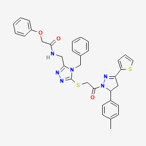 molecular formula C34H32N6O3S2 B2425410 N-((4-benzyl-5-((2-oxo-2-(3-(thiophen-2-yl)-5-(p-tolyl)-4,5-dihydro-1H-pyrazol-1-yl)ethyl)thio)-4H-1,2,4-triazol-3-yl)methyl)-2-phenoxyacetamide CAS No. 393783-06-7