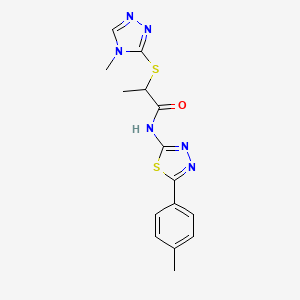molecular formula C15H16N6OS2 B2425461 2-((4-methyl-4H-1,2,4-triazol-3-yl)thio)-N-(5-(p-tolyl)-1,3,4-thiadiazol-2-yl)propanamide CAS No. 394235-27-9
