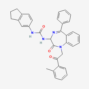 molecular formula C34H30N4O3 B2425506 N-(2,5-diaza-2-(2-(2-methylphenyl)-2-oxoethyl)-3-oxo-6-phenylbicyclo[5.4.0]undeca-1(7),5,8,10-tetraen-4-yl)(indan-5-ylamino)formamide CAS No. 1796922-20-7