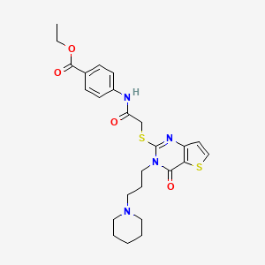 Ethyl 4-(2-((4-oxo-3-(3-(piperidin-1-yl)propyl)-3,4-dihydrothieno[3,2-d]pyrimidin-2-yl)thio)acetamido)benzoate