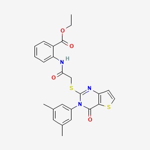 molecular formula C25H23N3O4S2 B2425879 ethyl 2-(2-{[3-(3,5-dimethylphenyl)-4-oxo-3H,4H-thieno[3,2-d]pyrimidin-2-yl]sulfanyl}acetamido)benzoate CAS No. 1260992-50-4