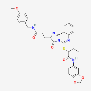 molecular formula C32H31N5O6S B2426269 N-(2H-1,3-benzodioxol-5-yl)-2-{[2-(2-{[(4-methoxyphenyl)methyl]carbamoyl}ethyl)-3-oxo-2H,3H-imidazo[1,2-c]quinazolin-5-yl]sulfanyl}butanamide CAS No. 1219336-49-8