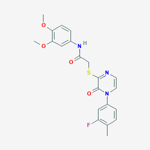 molecular formula C21H20FN3O4S B2426545 N-(3,4-dimethoxyphenyl)-2-((4-(3-fluoro-4-methylphenyl)-3-oxo-3,4-dihydropyrazin-2-yl)thio)acetamide CAS No. 900006-90-8
