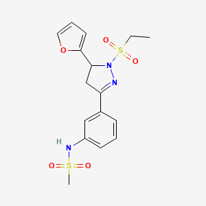 molecular formula C16H19N3O5S2 B2426973 N-{3-[1-(ethanesulfonyl)-5-(furan-2-yl)-4,5-dihydro-1H-pyrazol-3-yl]phenyl}methanesulfonamide CAS No. 851782-29-1