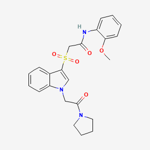 molecular formula C23H25N3O5S B2427244 N-(2-methoxyphenyl)-2-((1-(2-oxo-2-(pyrrolidin-1-yl)ethyl)-1H-indol-3-yl)sulfonyl)acetamide CAS No. 878056-43-0
