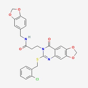molecular formula C27H22ClN3O6S B2427256 N-[(2H-1,3-benzodioxol-5-yl)methyl]-3-(6-{[(2-chlorophenyl)methyl]sulfanyl}-8-oxo-2H,7H,8H-[1,3]dioxolo[4,5-g]quinazolin-7-yl)propanamide CAS No. 896705-55-8