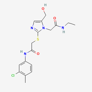 molecular formula C17H21ClN4O3S B2427279 N-(3-chloro-4-methylphenyl)-2-({1-[(ethylcarbamoyl)methyl]-5-(hydroxymethyl)-1H-imidazol-2-yl}sulfanyl)acetamide CAS No. 923121-67-9