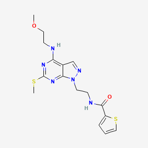 molecular formula C16H20N6O2S2 B2427302 N-(2-(4-((2-methoxyethyl)amino)-6-(methylthio)-1H-pyrazolo[3,4-d]pyrimidin-1-yl)ethyl)thiophene-2-carboxamide CAS No. 941985-62-2