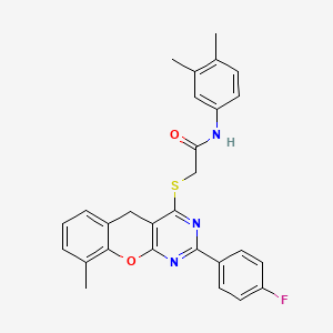 molecular formula C28H24FN3O2S B2427482 N-(3,4-dimethylphenyl)-2-{[2-(4-fluorophenyl)-9-methyl-5H-chromeno[2,3-d]pyrimidin-4-yl]sulfanyl}acetamide CAS No. 866873-18-9