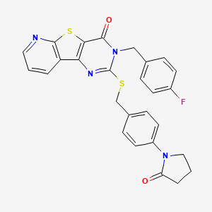 molecular formula C27H21FN4O2S2 B2427536 3-(4-fluorobenzyl)-2-((4-(2-oxopyrrolidin-1-yl)benzyl)thio)pyrido[3',2':4,5]thieno[3,2-d]pyrimidin-4(3H)-one CAS No. 1224009-19-1