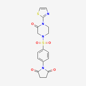 molecular formula C17H16N4O5S2 B2427570 1-(4-((3-Oxo-4-(thiazol-2-yl)piperazin-1-yl)sulfonyl)phenyl)pyrrolidine-2,5-dione CAS No. 2309591-50-0