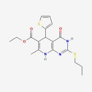 molecular formula C18H21N3O3S2 B2427586 ethyl 7-methyl-4-oxo-2-(propylsulfanyl)-5-(thiophen-2-yl)-3H,4H,5H,8H-pyrido[2,3-d]pyrimidine-6-carboxylate CAS No. 878123-22-9